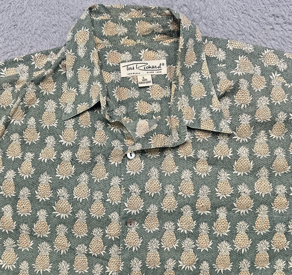 Tori Richards Hawaiian Shirt Mens Large Green Pineapple Cotton Lawn